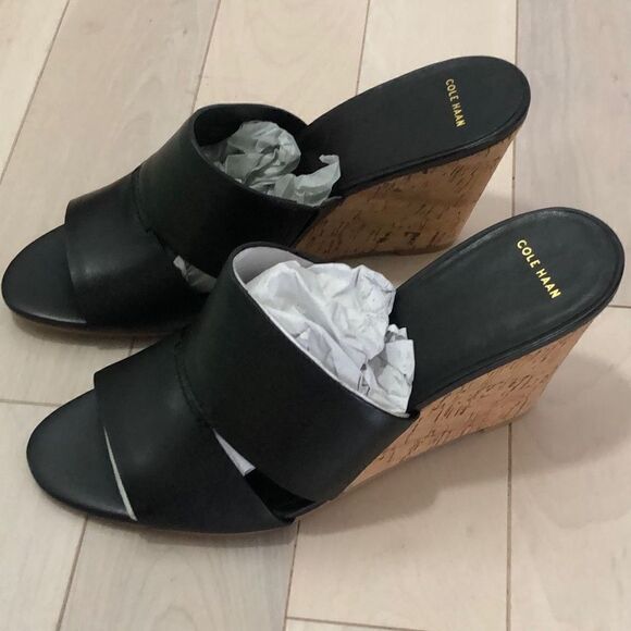 Cole Haan Women's Acoma Cork Wedge Slip-On Sandals Black Size 8.5B - Picture 1 of 6